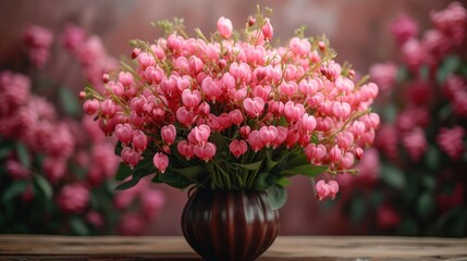  a vase filled with pink flowers sitting on top of a wooden table in front of a group of pink flowers on a wooden table next to each other planter.