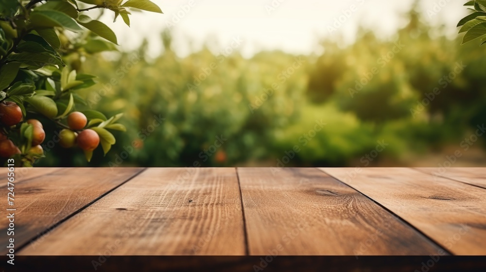 Aufkleber A wooden table with an orange tree in the background. Perfect for adding a natural touch to any space
