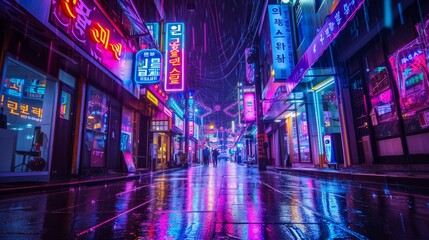 Fototapeta na wymiar Engage in the futuristic ambiance of Seoul nights through a dynamic photograph that captures the bustling energy beneath a cascade of dazzling neon lights