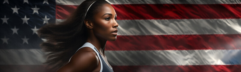 American female athlete portrait with the United States of America flag. Conceptual USA patriot sports banner