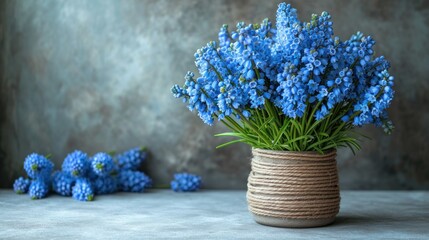  a vase filled with blue flowers next to a bunch of blue flowers on top of a white tablecloth covered table next to a bunch of blue flowers on the ground.