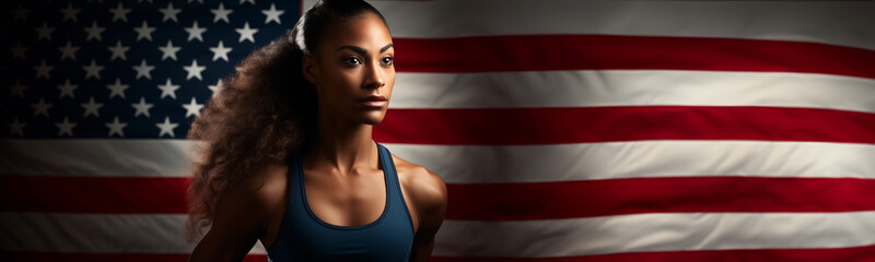 American female athlete portrait with the United States of America flag. Conceptual USA patriot sports banner