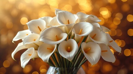  a vase filled with white flowers sitting on top of a table next to a golden boke of lights behind a glass vase filled with white flowers in front of water.