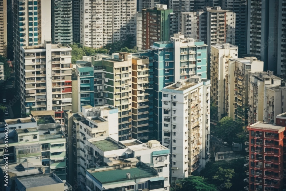 Poster a view of a large group of tall buildings in a bustling city. perfect for urban themes and architect