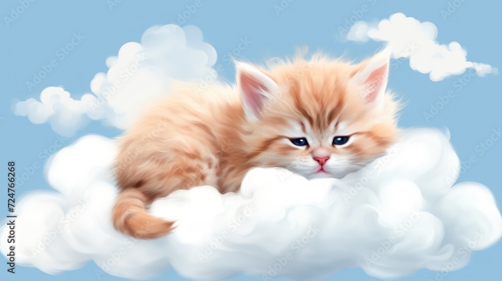 Aufkleber A cute kitten peacefully resting on a fluffy cloud in the sky. Perfect for adding a touch of serenity to any project