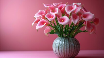  a vase filled with pink flowers sitting on top of a pink table next to a pink wall and a pink wall behind the vase is a white vase with pink flowers in it.