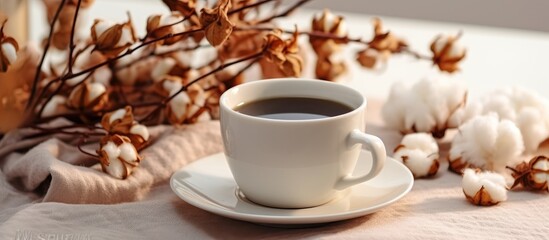 Obraz na płótnie Canvas Cup of coffee with dry flowers on white table, closeup