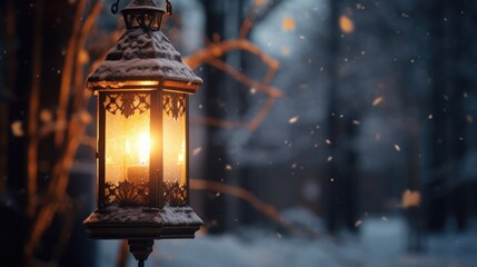 A light fixture sitting in the snow. This image can be used to depict winter landscapes or outdoor lighting installations