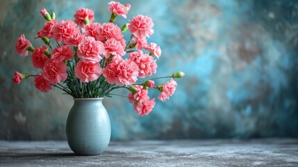  a blue vase filled with pink carnations on top of a wooden table next to a painting of a blue and gray background with a blue wall in the background. - Powered by Adobe
