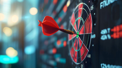 the dart is stuck on the target with stock market background, make a plan to reach your goals and success in terms of financial freedom and doing business