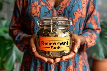 Person Holding a Jar Full of Coins Labeled Retirement Fund
