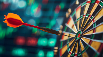 the dart is stuck on the target with stock market background, make a plan to reach your goals and success in terms of financial freedom and doing business