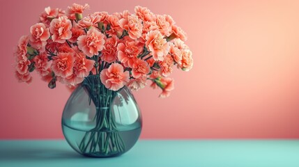  a vase filled with pink flowers sitting on top of a blue and pink table next to a pink and white wall and a pink wall behind the vase is filled with pink carnations.