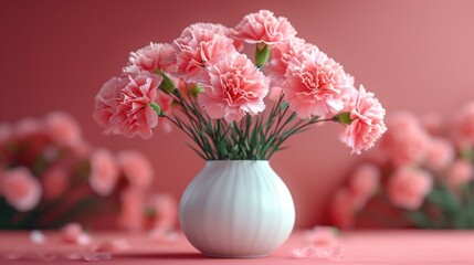  a white vase filled with pink carnations on top of a pink table next to other pink carnations on the side of a pink wall behind it.