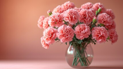  a vase filled with pink carnations on top of a pink table next to a pink wall and a pink wall behind the vase is filled with pink carnations.