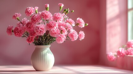  a white vase filled with pink carnations sitting on a window sill next to a window sill with pink walls and a pink wall in the background.