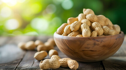 Peanuts in wooden bowl on the table, source of protein that is beneficial to health. - obrazy, fototapety, plakaty