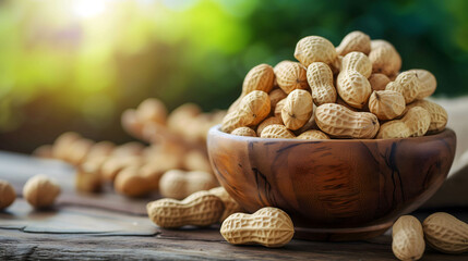 Peanuts in wooden bowl on the table, source of protein that is beneficial to health.