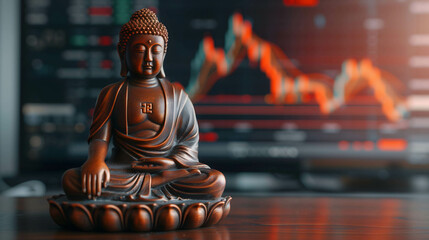 Buddha statue placed on the table with stock market background, shows respect and faith in sacred things in order to be successful - obrazy, fototapety, plakaty
