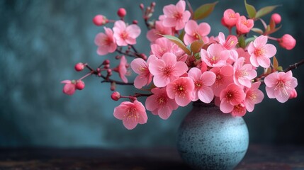  a vase filled with lots of pink flowers on top of a wooden table in front of a gray wall and a blue wall behind the vase is filled with pink flowers.