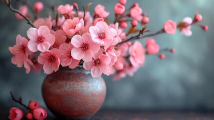  a vase filled with pink flowers sitting on a table next to a vase filled with pink flowers on top of a table next to a couple of small pink flowers.