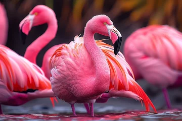 Fotobehang A vibrant flock of greater flamingos gracefully wades in the tranquil waters, their majestic red feathers contrasting against the serene aquatic landscape © Pinklife