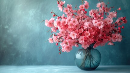  a vase filled with lots of pink flowers on top of a white table next to a blue wall and a blue wall behind the vase with a bunch of pink flowers in it.