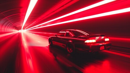 Neon image of sports car on the road going fast, lights blurred - obrazy, fototapety, plakaty