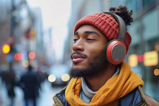A stylish man with a red beanie and headphones walks confidently down the busy city street, his human face hidden but his bold fashion sense on full display