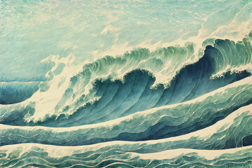 Watercolor like illustration of rolling turquoise blue ocean waves, gale force wind high surf and white foam.