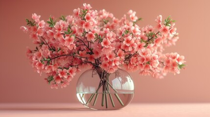  a vase filled with pink flowers sitting on top of a pink counter top next to a white vase filled with pink flowers on top of a pink counter top and a pink background.