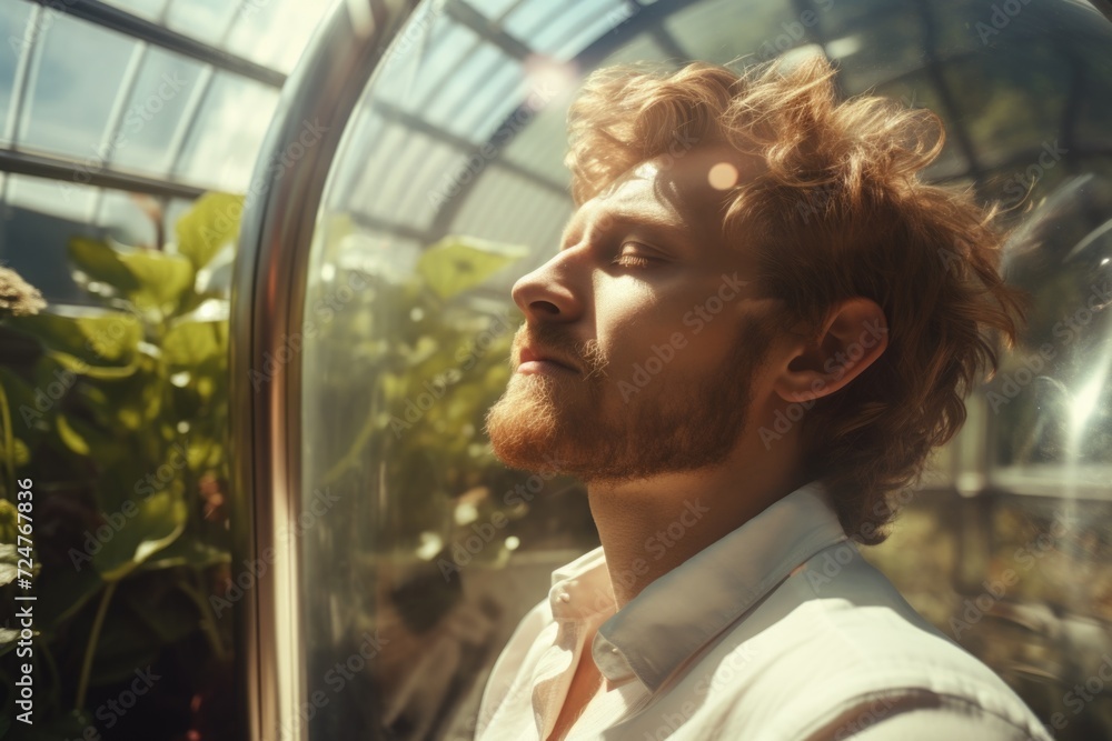 Poster a man with red hair and a beard looking up. perfect for capturing curiosity and wonder.