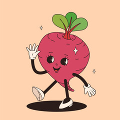 Funny vegetables retro cartoon characters sticker. Modern label with cute comics characters. Hand drawn doodles of comic mascot. Set in modern cartoon style. 70s retro vibes.