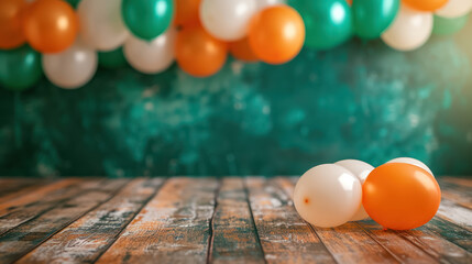 st patricks day balloons in irish flag color  on wooden surface with defocused backdrop