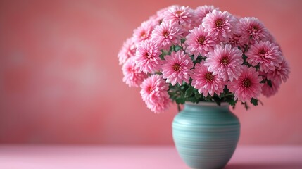  a blue vase filled with pink flowers on top of a pink surface with a pink wall behind it and a pink wall behind the vase with pink flowers in it.