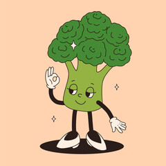 Funny vegetables retro cartoon characters sticker. Modern label with cute comics characters. Hand drawn doodles of comic mascot. Set in modern cartoon style. 70s retro vibes.