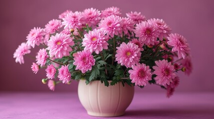  a vase filled with pink flowers on top of a purple tableclothed tablecloth with a pink wall behind it and a pink wall behind the vase with a bunch of pink flowers in the middle.