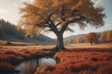 Beautiful view of Autumn landscape with lone tree
