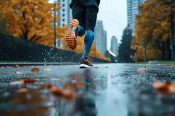 A figure braves the autumn rain, their feet pounding against the slick pavement as they race towards the shelter of the city, their shoes leaving a trail of water in their wake - obrazy, fototapety, plakaty