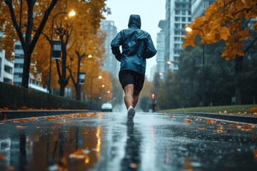 A determined runner braves the rain-soaked city streets, their footwear splashing through puddles as they push towards the finish line of a marathon, surrounded by towering trees and a grey sky above