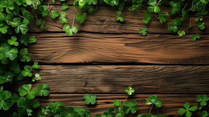 top view, clovers on rustic wood backdrop for st patricks day