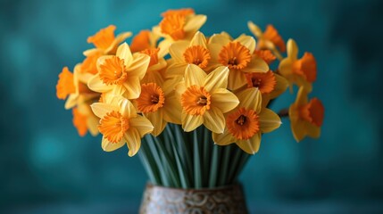  a vase filled with yellow daffodils on top of a blue table next to a teal colored wall and a blue wall behind the vase is a blue wall.