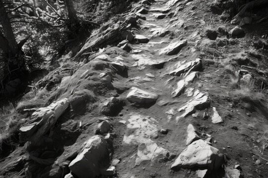 A black and white photo capturing a rocky path. Perfect for adding a touch of natural beauty to any project