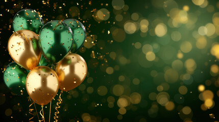 green and gold balloons with festive confetti with copy space 