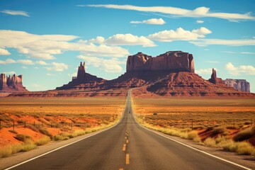 A picture of a long road stretching through the vast desert landscape. Suitable for travel, adventure, and exploration themes