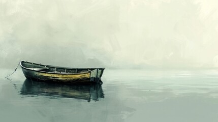 Portray a lonely boat floating in water using delicate brushstrokes and subdued colors. Minimalist Art. - obrazy, fototapety, plakaty