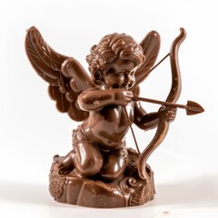 Fototapeta na wymiar Chocolate sculpture of Cupid, complete with a bow and arrow, set against a solid white background