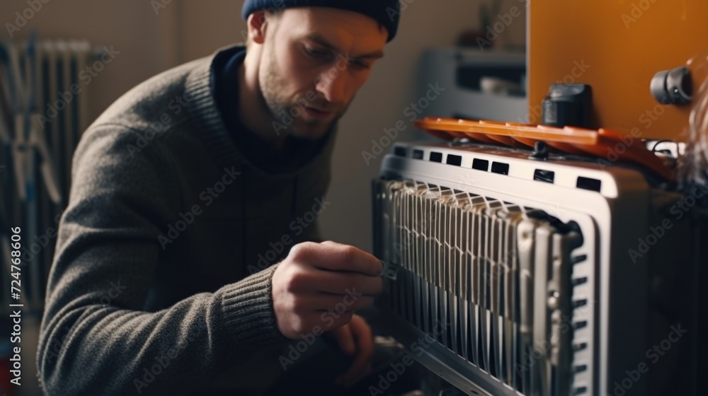 Poster a man is seen fixing a radiator in a room. this image can be used to depict home maintenance or diy 