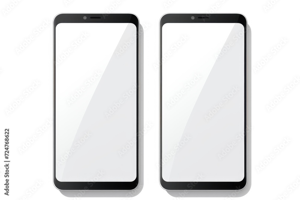 Poster Two black smartphones with blank screens. Perfect for showcasing mobile apps and website designs