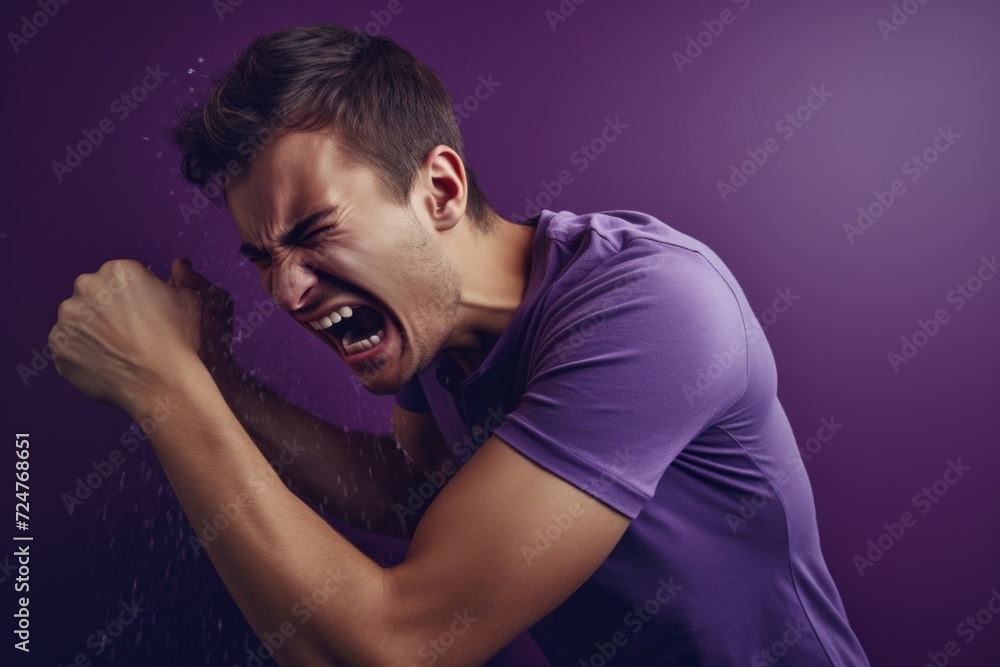Poster a man is pictured with his arm in the air, as water is gushing out of his mouth. this unique image c
